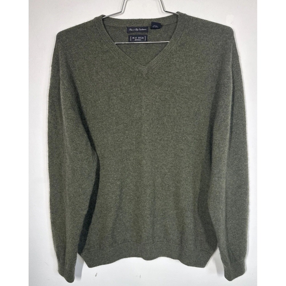 WH Belk Men's Fine 2 Ply Cashmere V-Neck Sweater Olive Green Size XL Luxury Soft